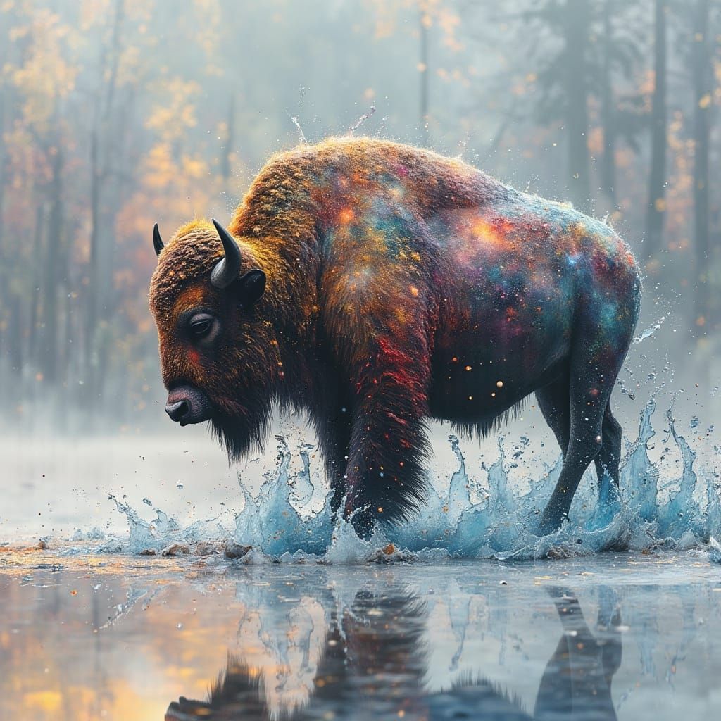Surreal Winter Bison Amidst Floating Glass and Ethereal Hues