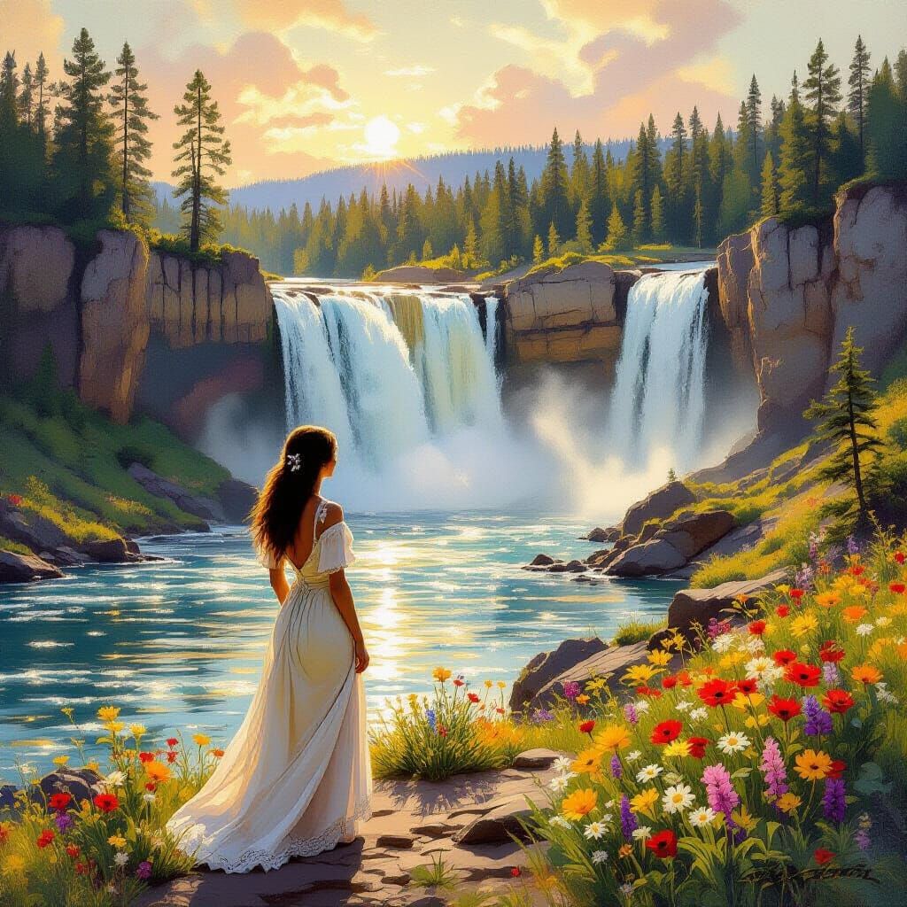 Yellowstone Waterfall Scene in Bierstadt Style