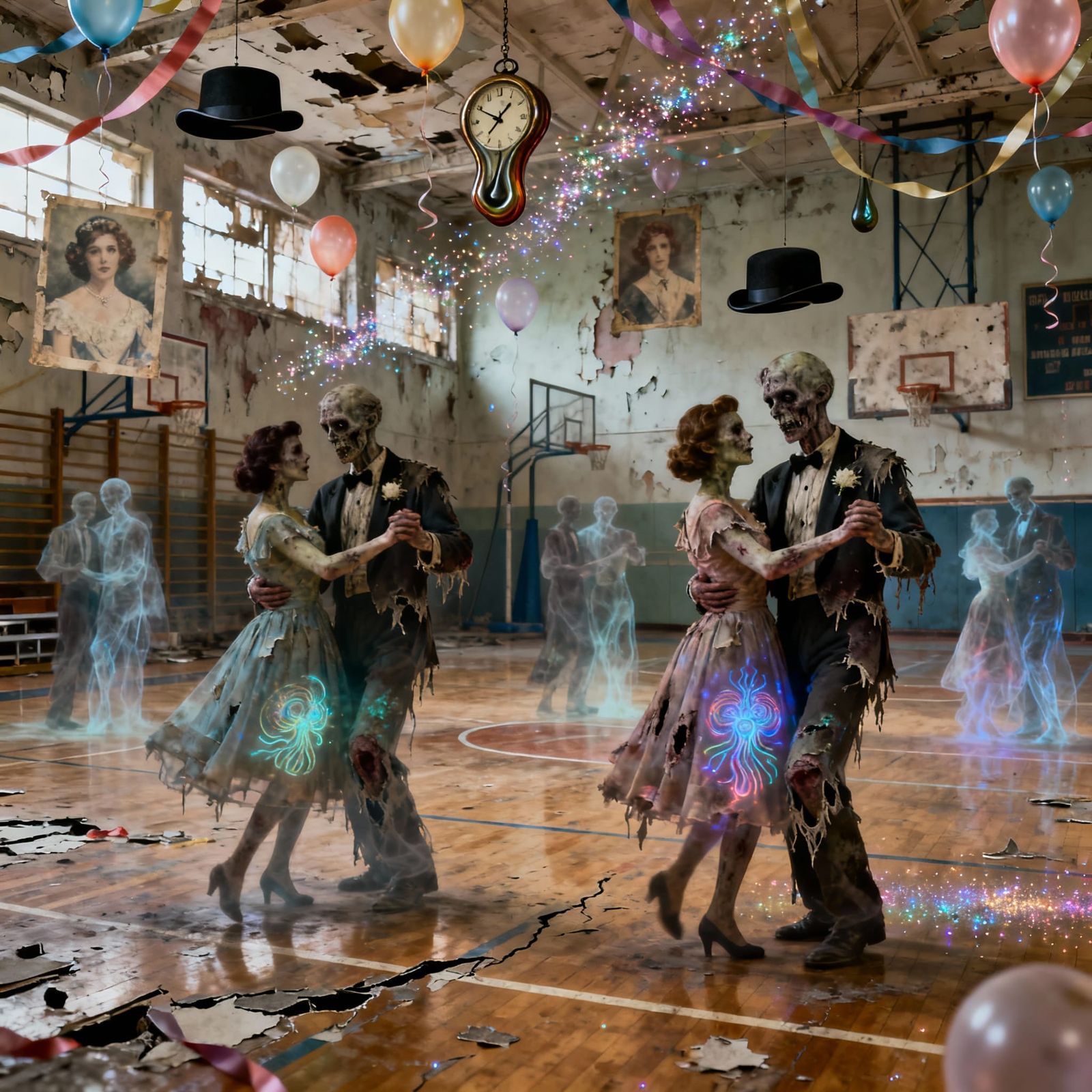 Zombie Prom Night Double Exposure in Dreamlike Style