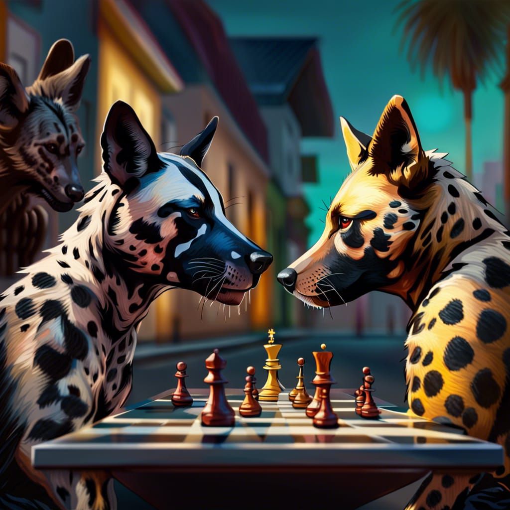 Wild Dogs Play Chess: Hyperrealistic Street Scene