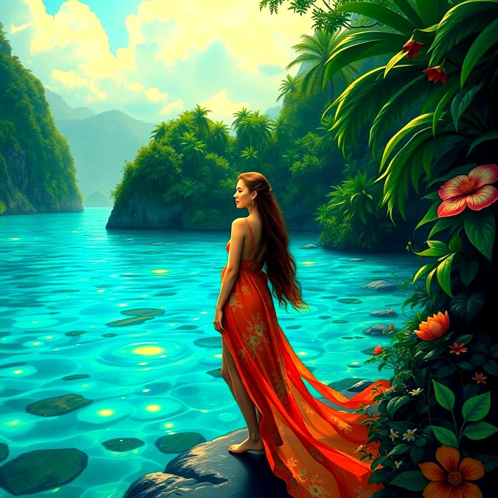 Serene Woman by Turquoise Waters: Art Nouveau Style