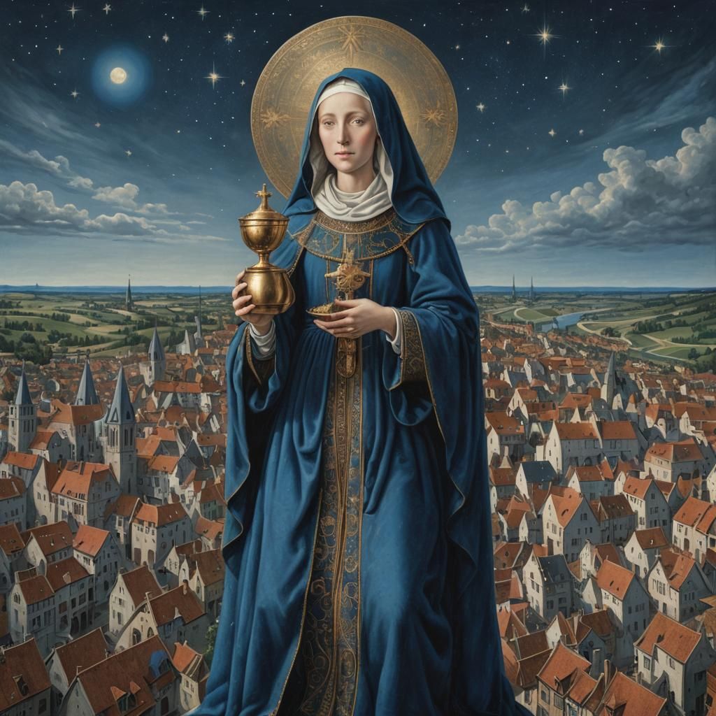 Mary in Blue Robe Above Medieval Town