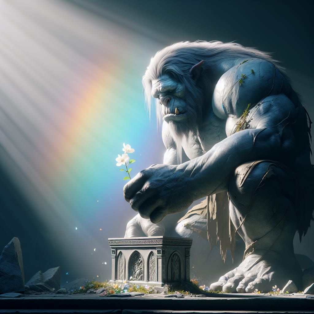 Grieving Troll with Flower in Volumetric Lighting