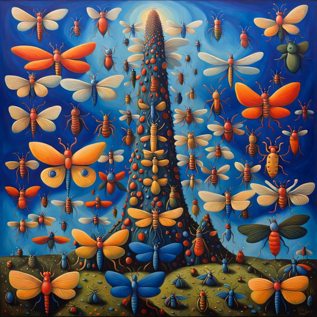 Surreal Insect Exuberance: An Outsider Art Oil Painting