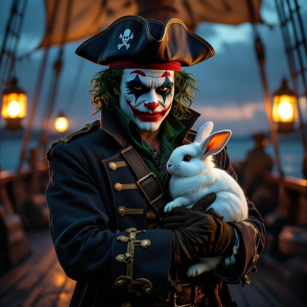 Joker Captain on Pirate Ship with Bunny, Cinematic Film Stil...