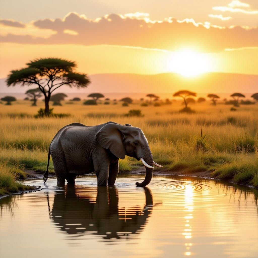 Majestic Elephant Drinks Water in Golden Savannah Light