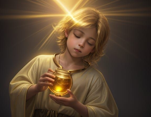 Boy with Magical Potion in Ethereal Golden Light