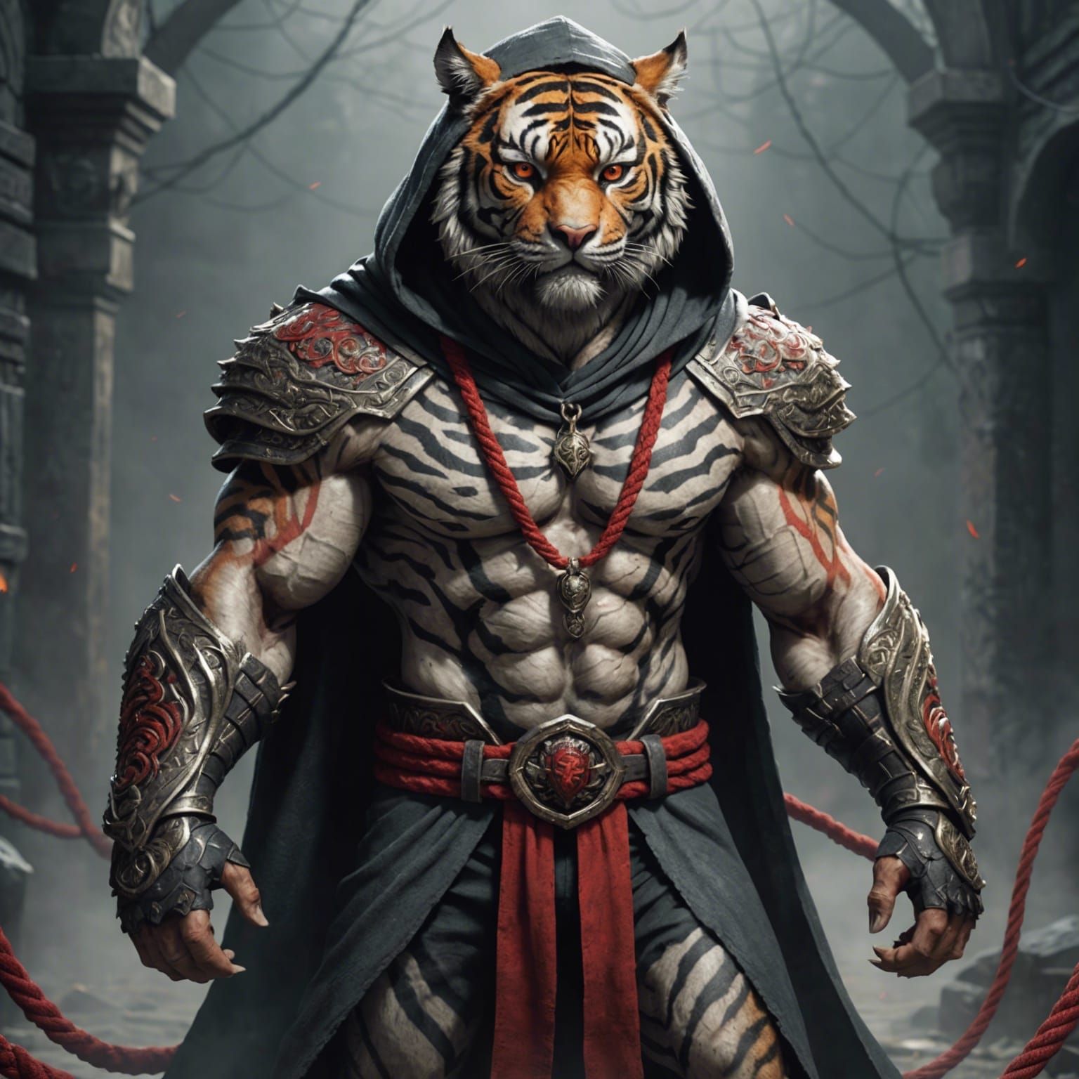 Muscular Anthropomorphic Tiger with Red Eyes and Cloak