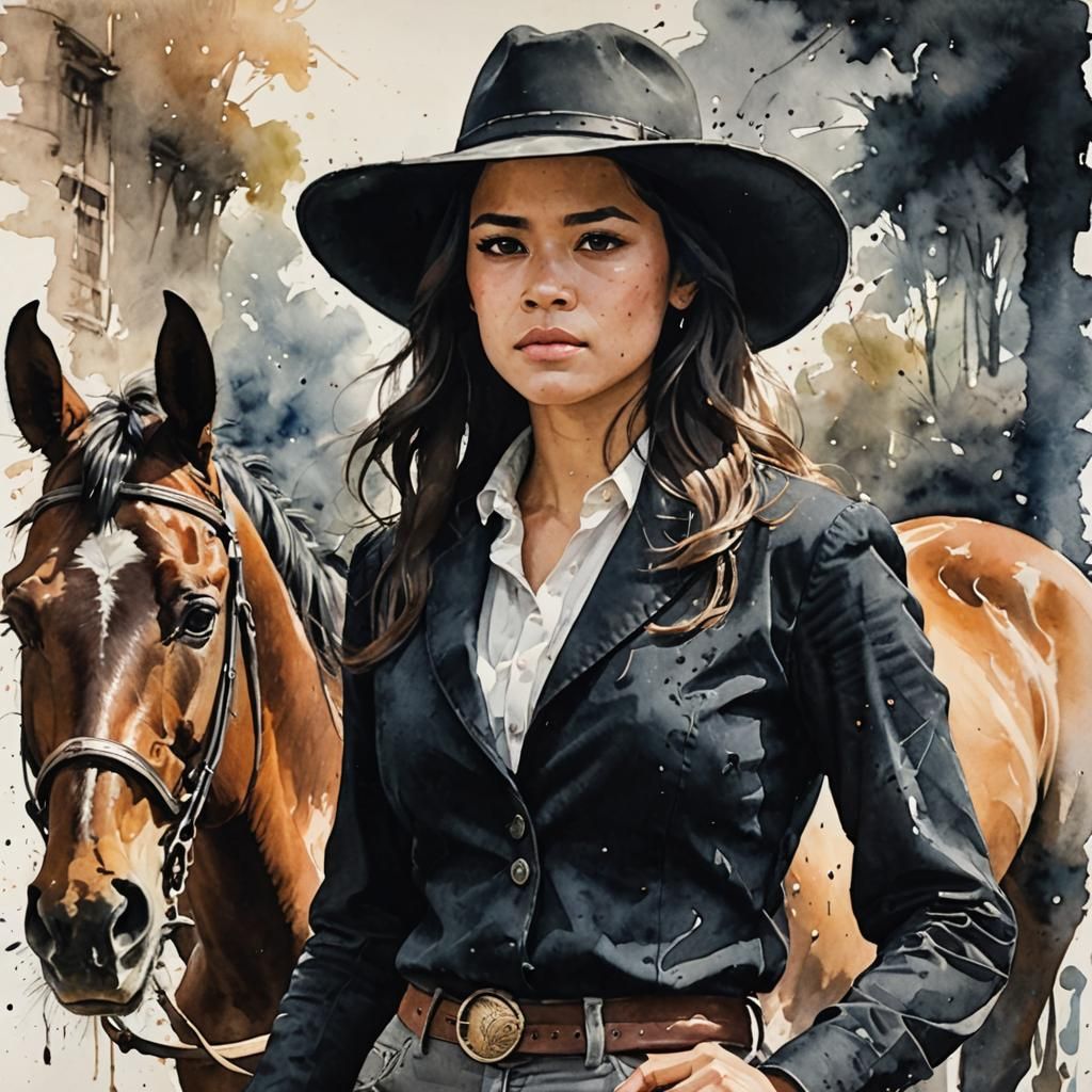 Jenna Ortega as Watercolor Portrait on Horseback
