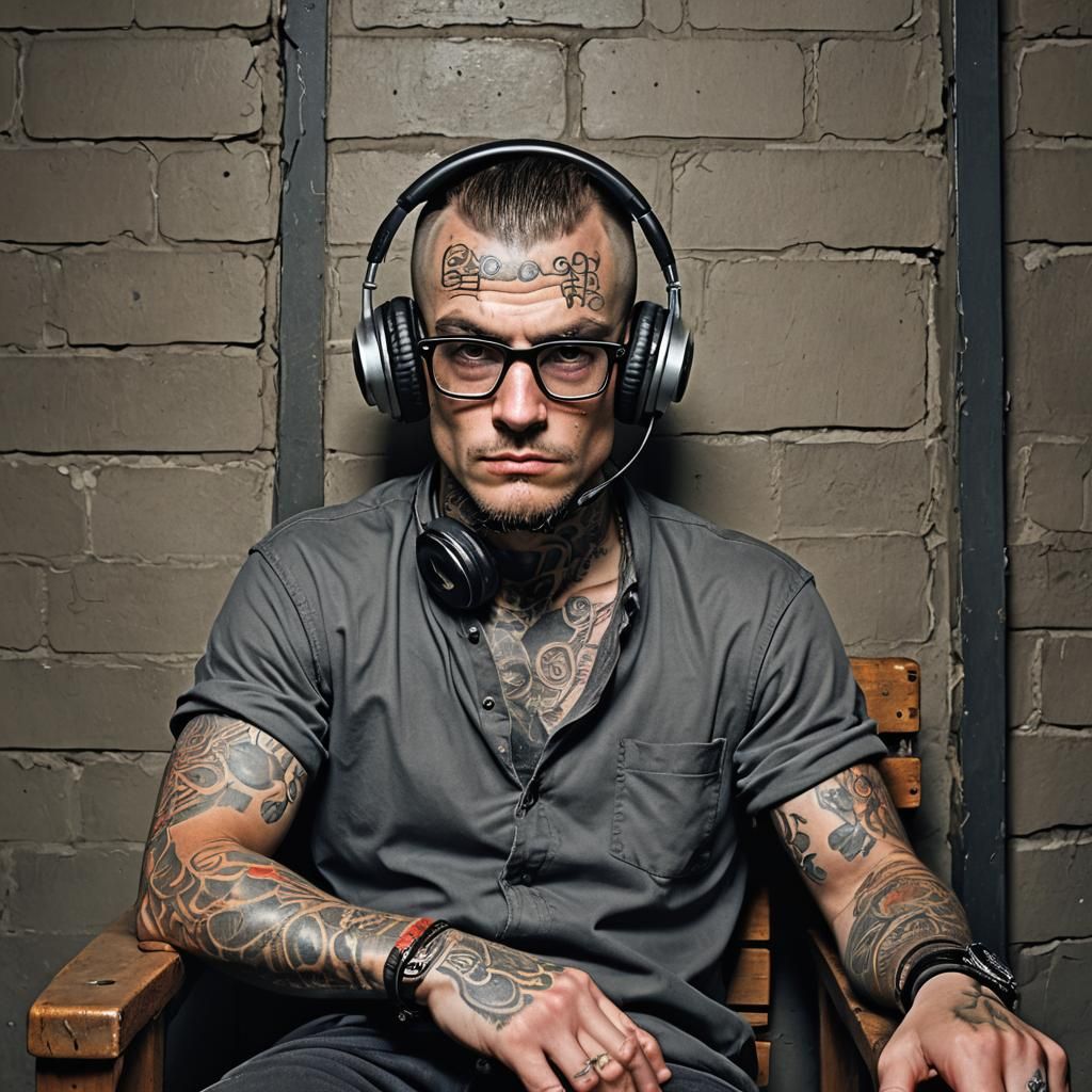 Tattooed Inmate in Prison Cell, Digital Art