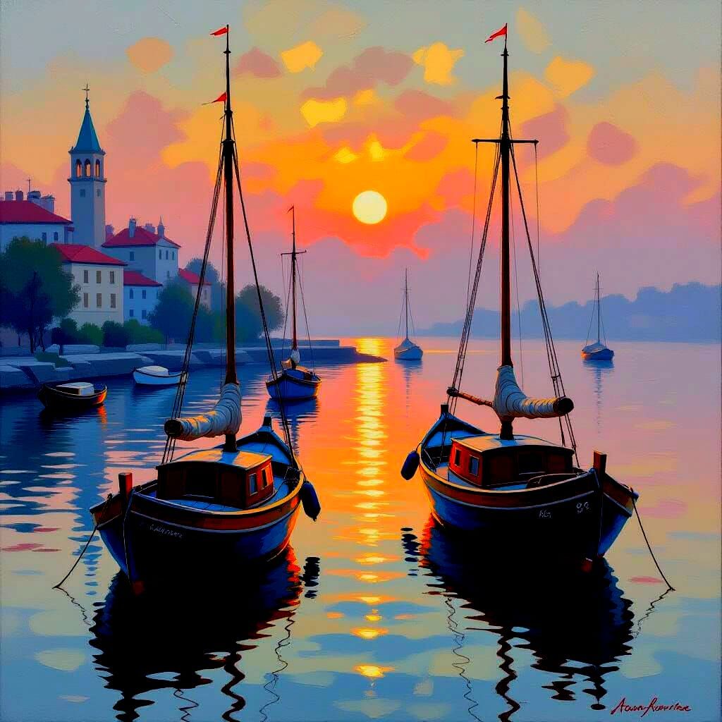 Impressionist Sunrise Harbor with Boats in Oil