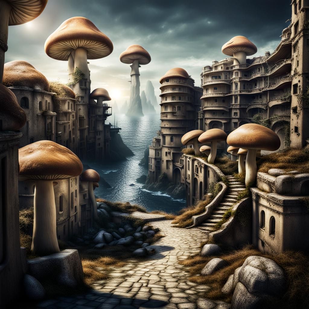 Dark Fantasy Port City with Mushroom Buildings