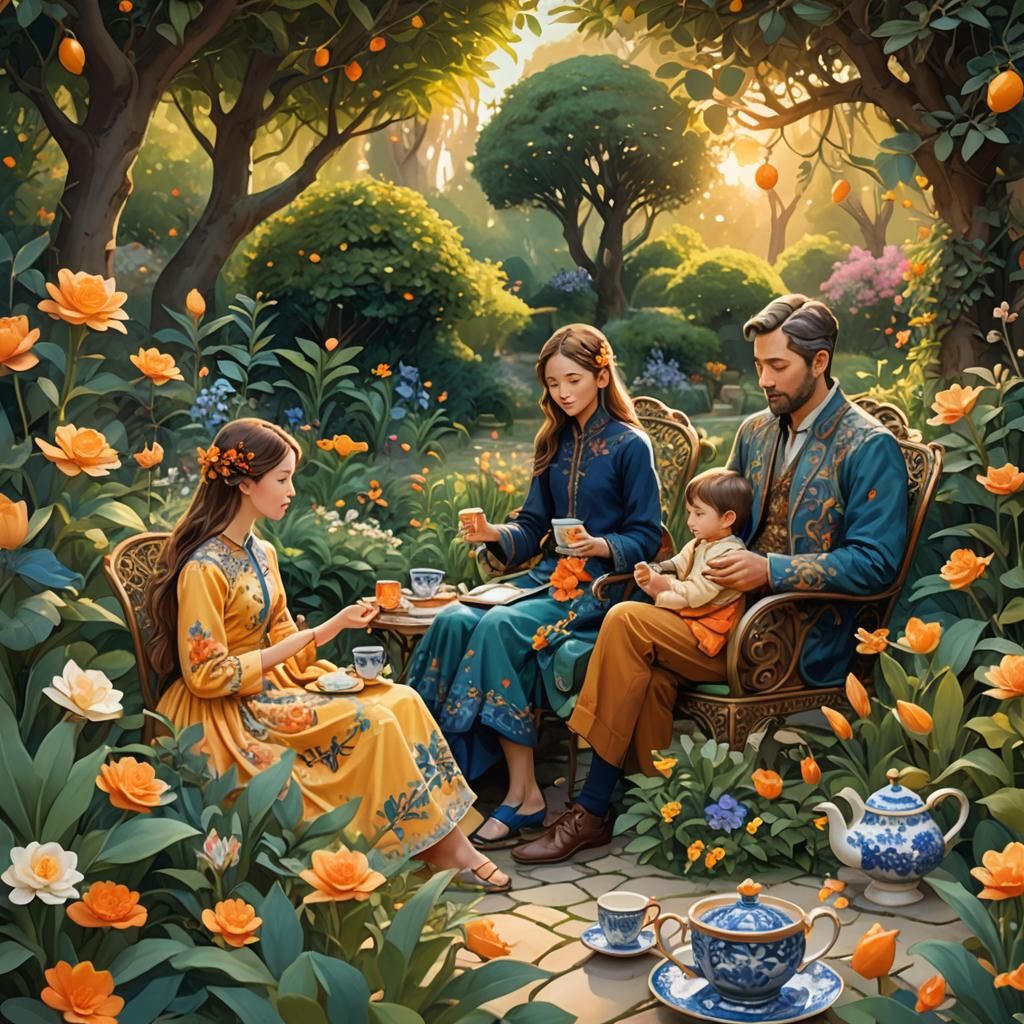 Family Tea Party in Vibrant Art Nouveau Garden