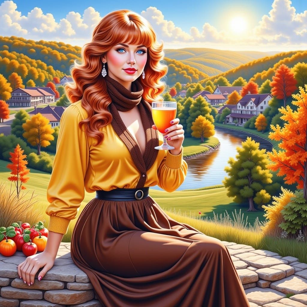 <lora:NiceStyleFlux:1.0> A stunning woman, ginger straight hair, bangs,  make up, red lips, bar, drinking juice , brown ...