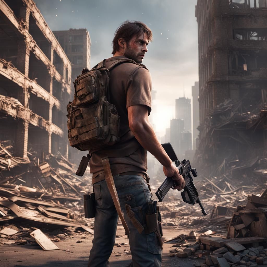 Man in Zombie Apocalypse City Ruins, 3D Render