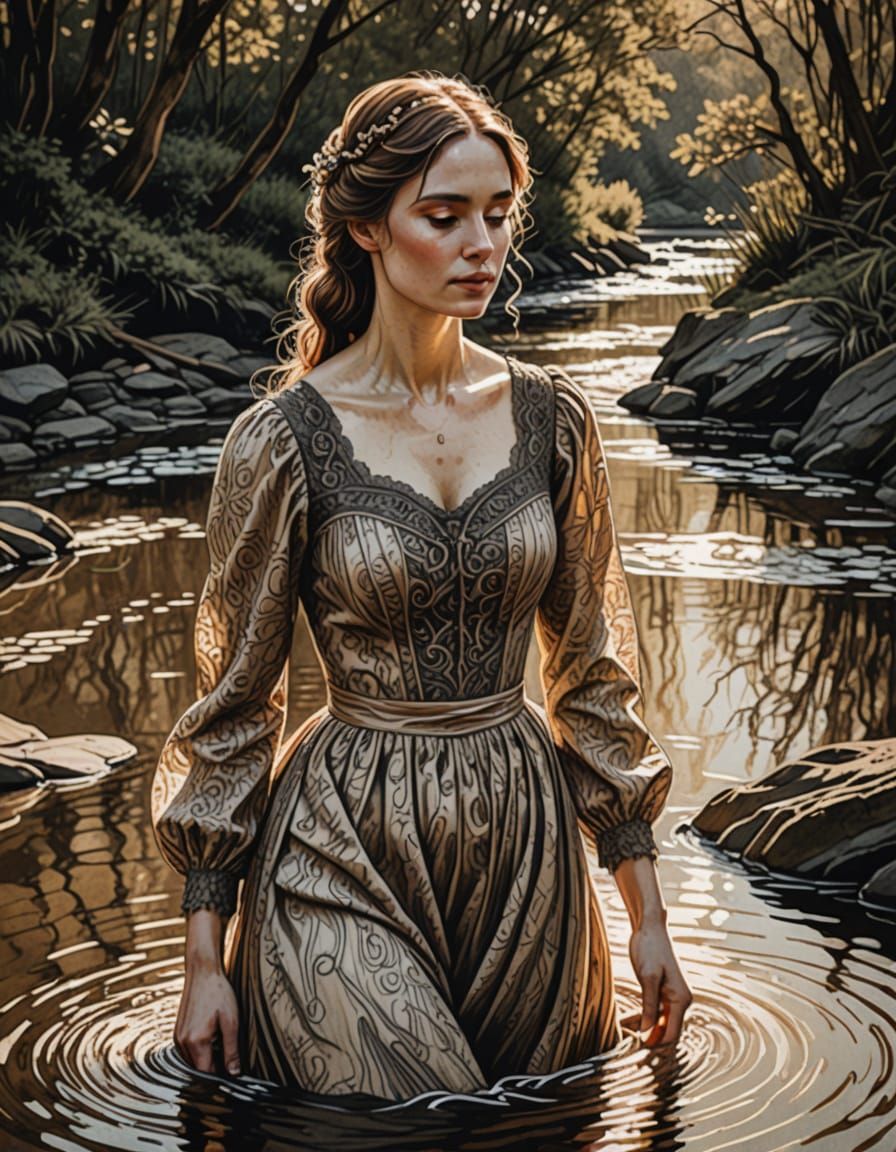 Whimsical Victorian Girl Plays in a Sunlit Stream