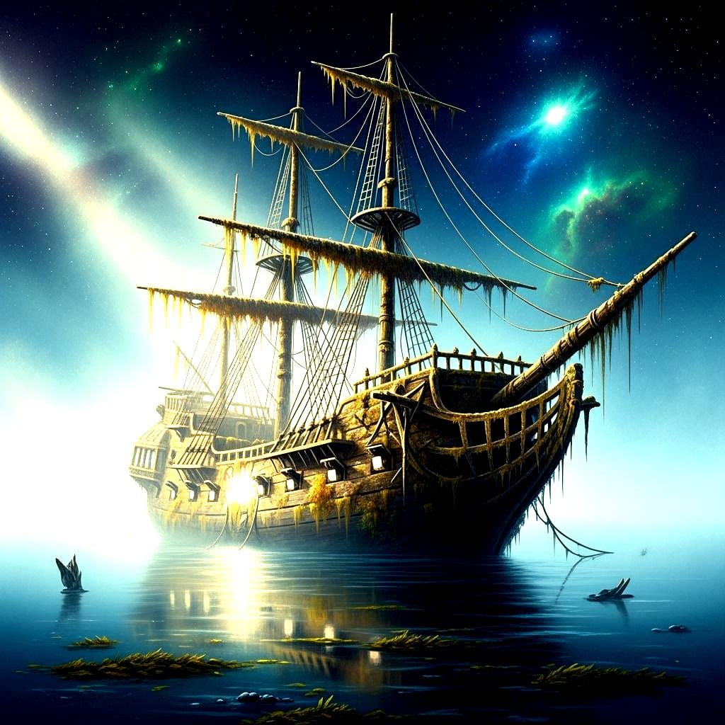Oil Painting of Shipwreck in Misty Ocean Under Starry Sky