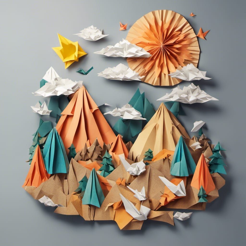Origami Landscape with Animals, Trees and Mountains