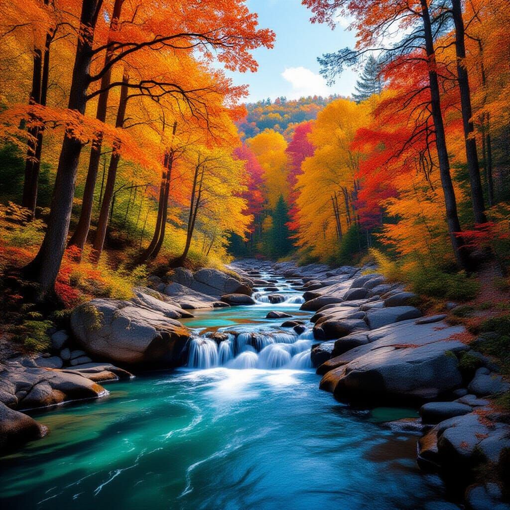 Vibrant Autumn Forest Creek Scene with Blue-Green Water