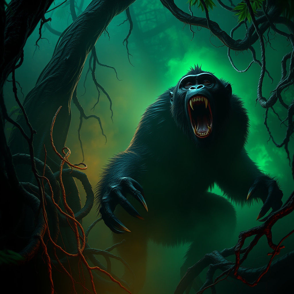 Fearsome Black Monkey Roars in Emerald Jungle