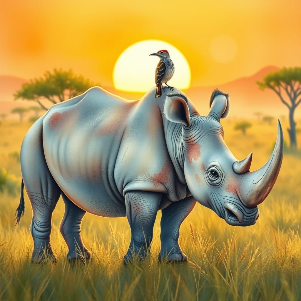 Rhino in Whimsical Watercolor Style with Oxpecker Companion