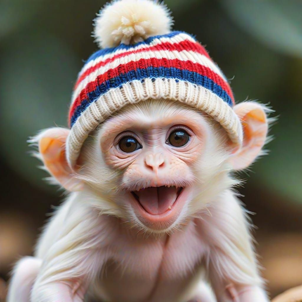 Albino Monkey Smiles in Striped Beanie
