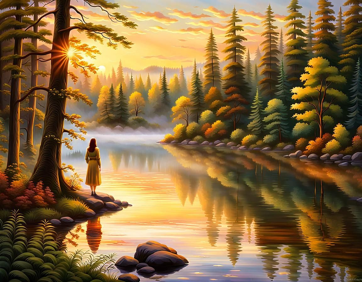 Woman at Lake Sunrise in Soothing Realism Style
