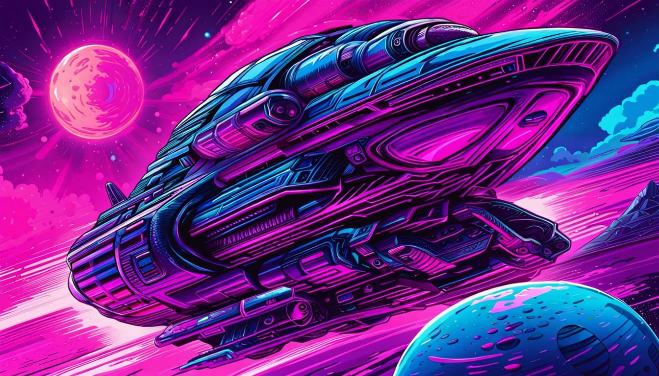 Alien Spaceship at Hyperspeed in Synthwave Style