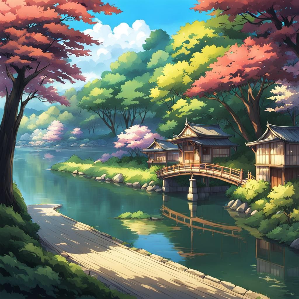Vibrant Anime Riverside Landscape in Manga Style