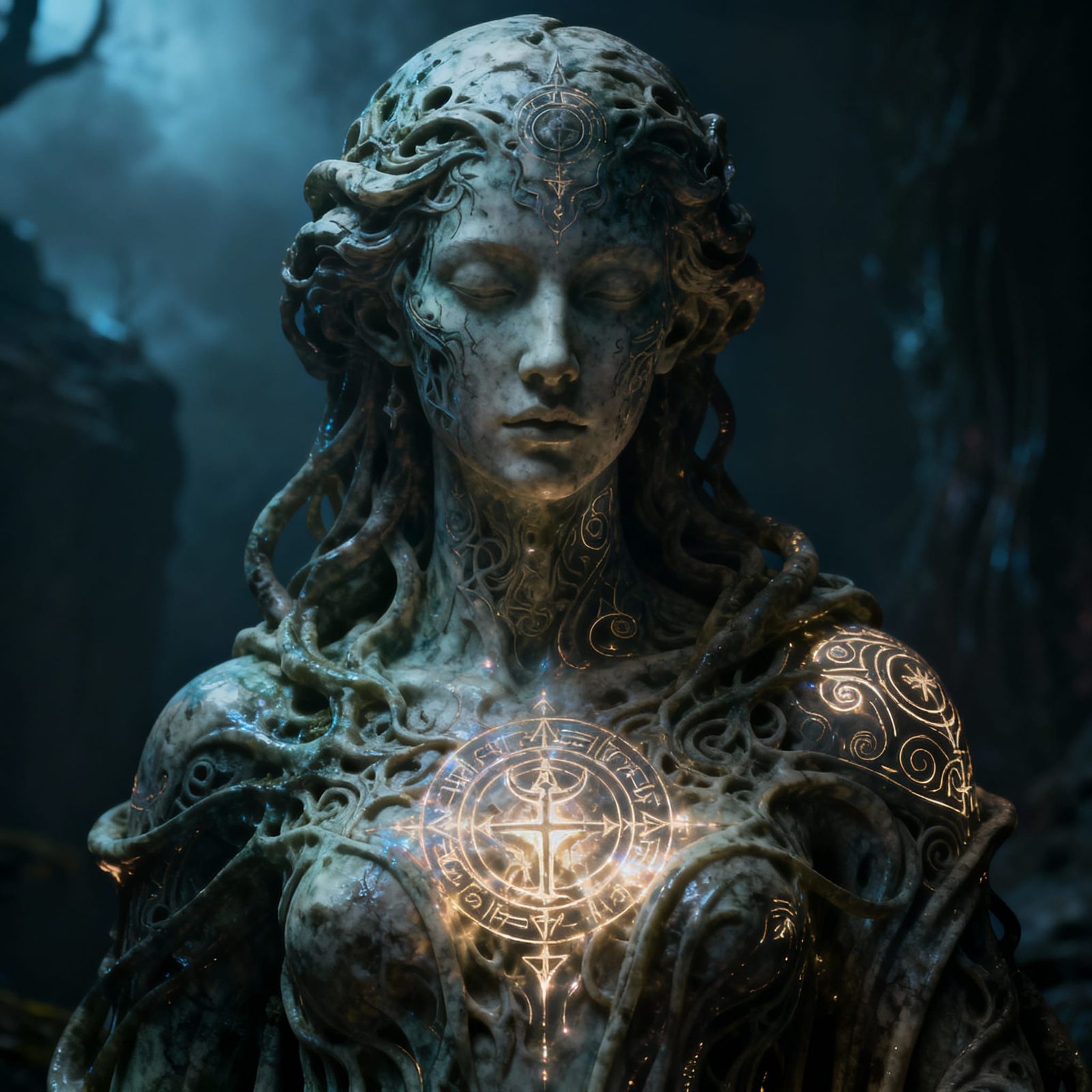 Mystical Statue with Eerie Details in Surreal Light