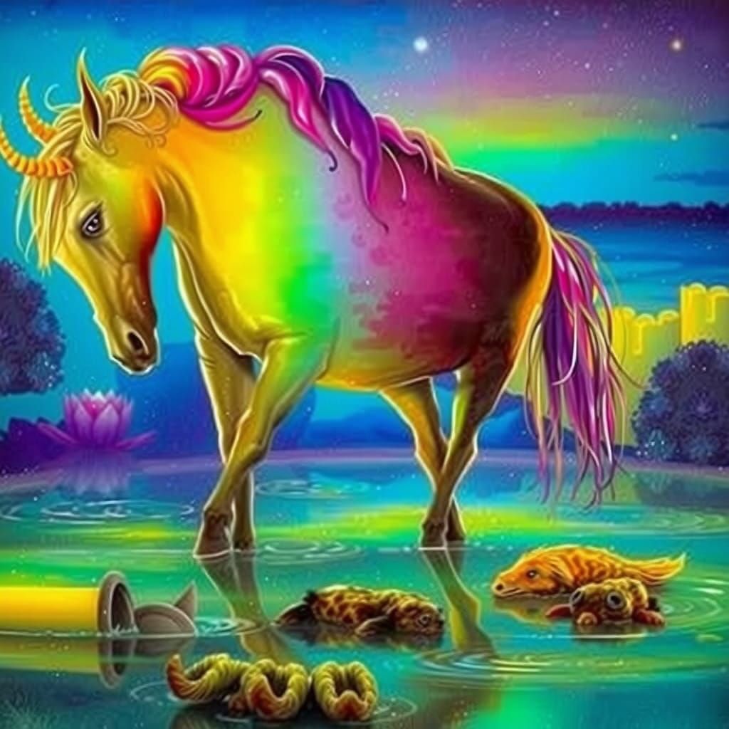 Whimsical Unicorns in Serene Fantasy Lake