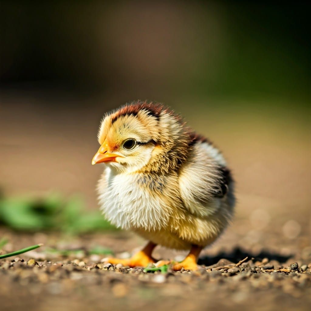 Fluffy Baby Chicken in Sun-Dappled Farm Setting
