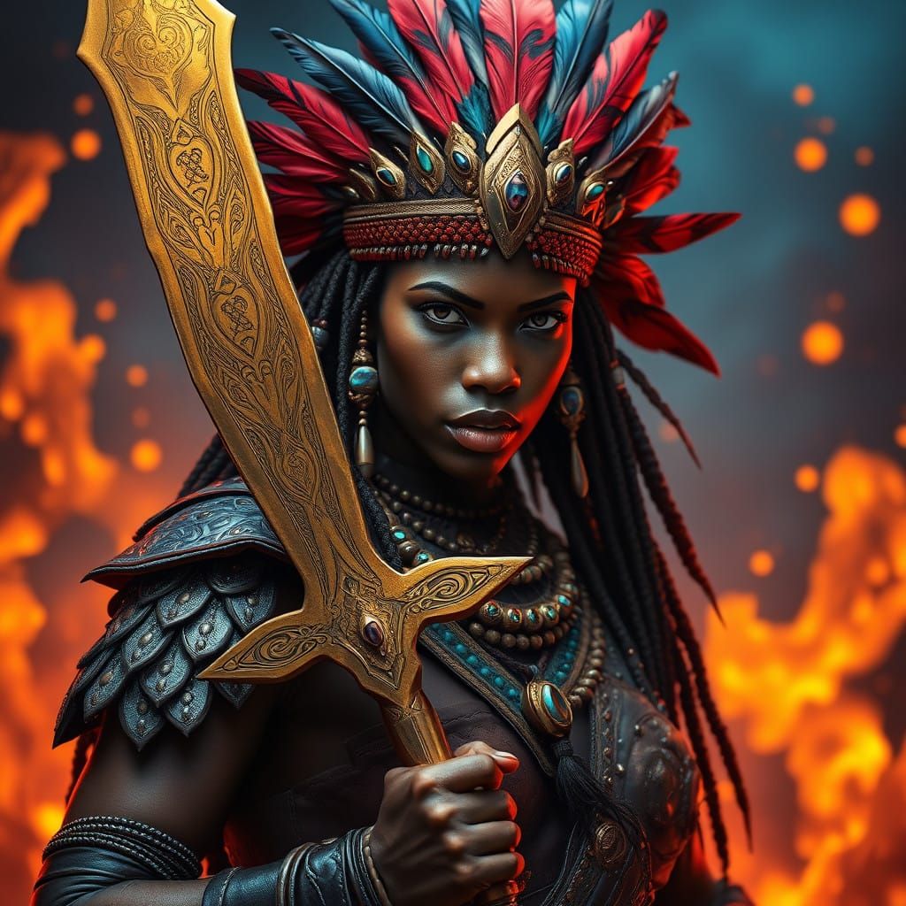 Hyper Realistic African Warrior Woman Engulfed in Flames