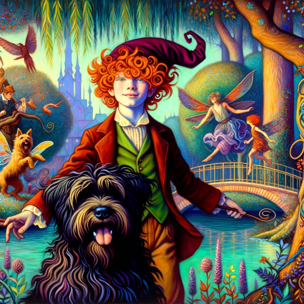 A whimsical oil painting of a little bohemian red hair boy, ...