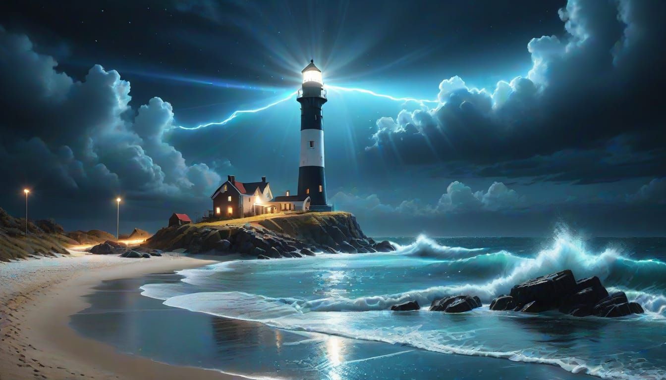 Neon Lighthouse on Stormy Shore: Quantum Simulation