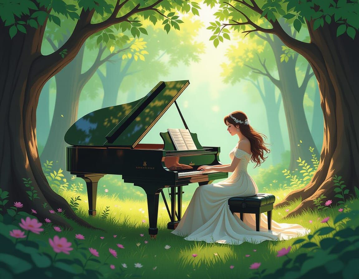 Enchanting Forest Piano Recital in Digital Art Style