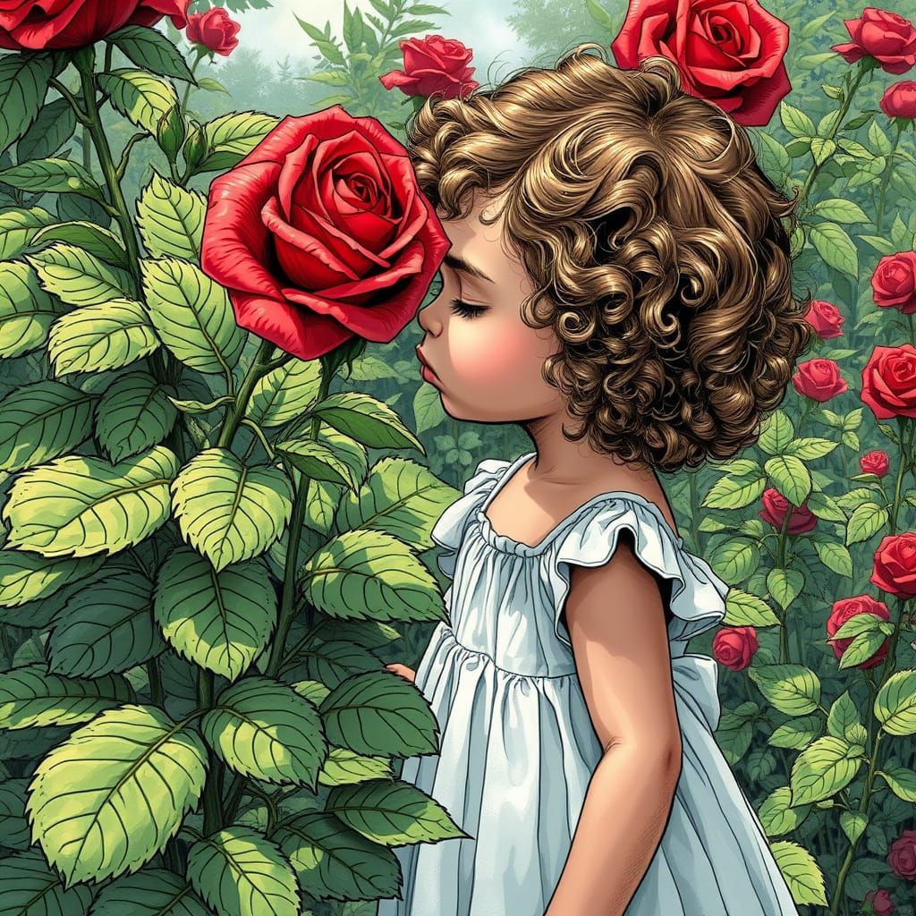 Girl Smelling Red Rose in Hyperrealistic Comic Style