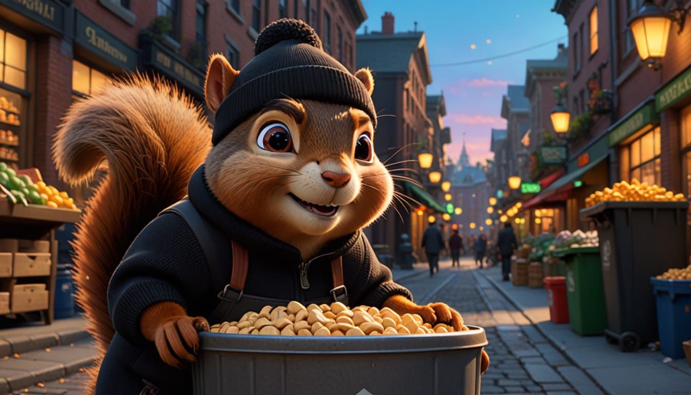 Mischievous Squirrel Observes Peanut Vendor: Pixar Style 3D ...