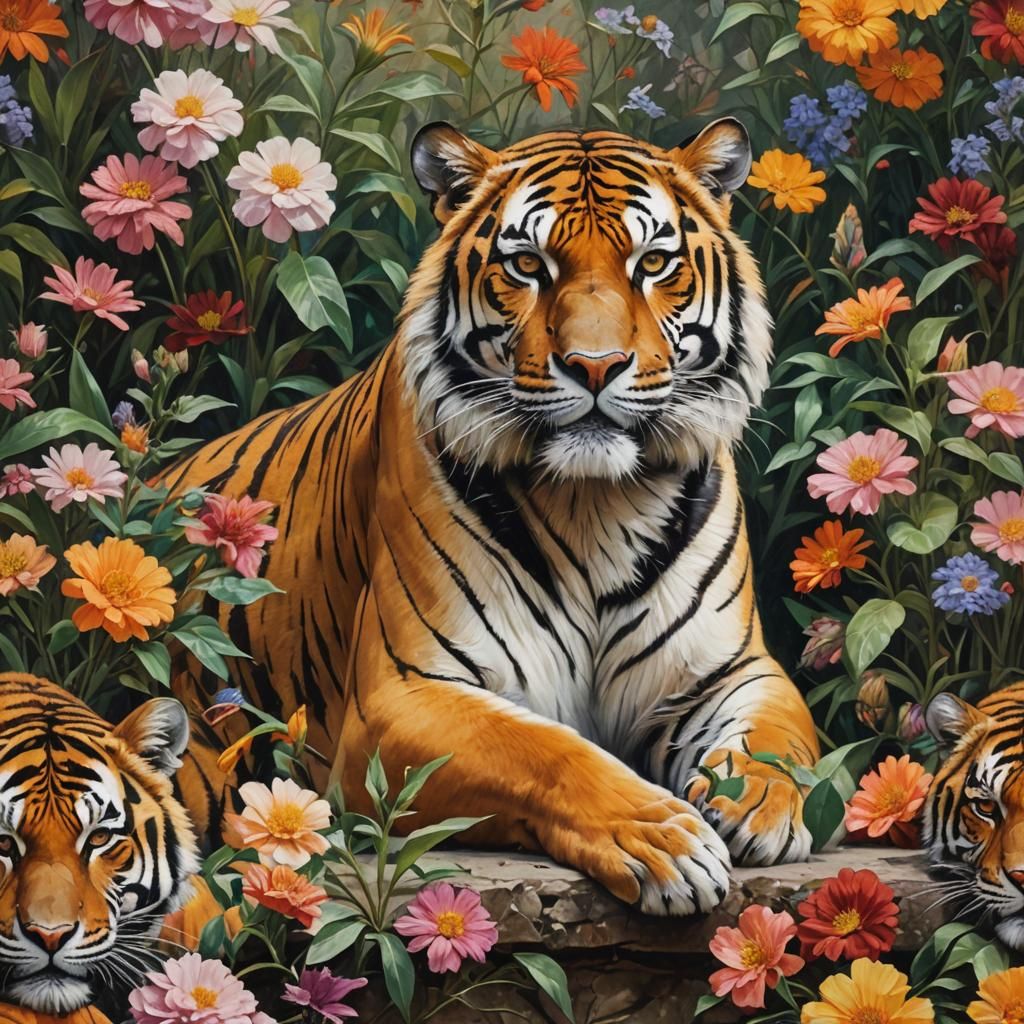 Sleeping Tiger Among Flowers in Oil Painting Style