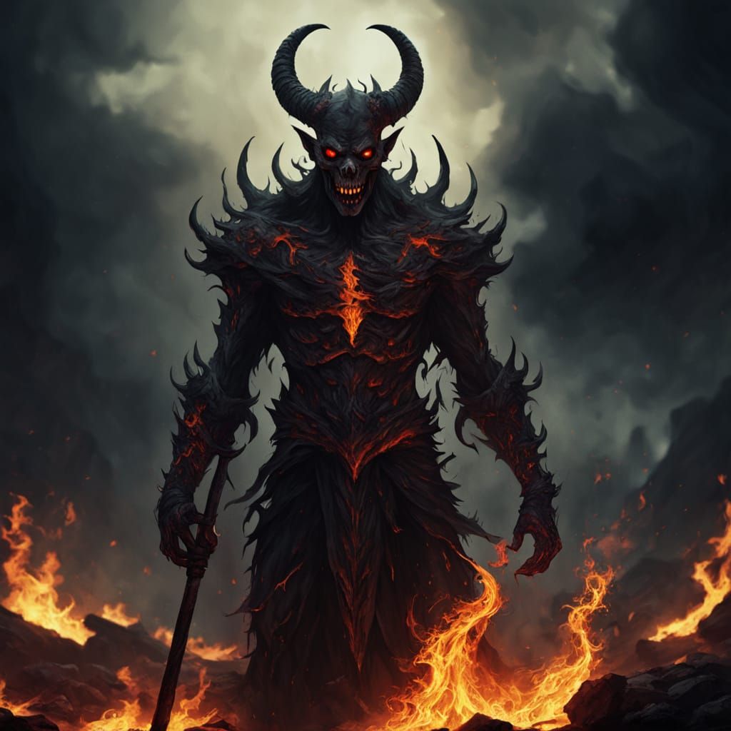 Demonic Figure in Hellish Landscape: Dark Fantasy Art