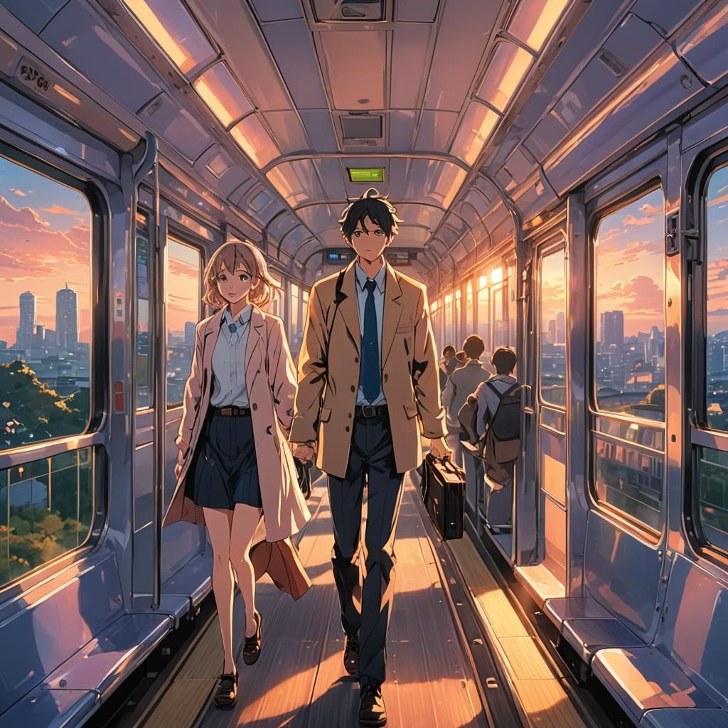 Anime Couple Walking on Train in Radiant Light