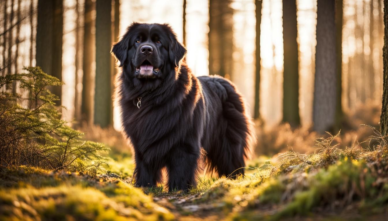 Newfoundland Dog in Sunny Forest