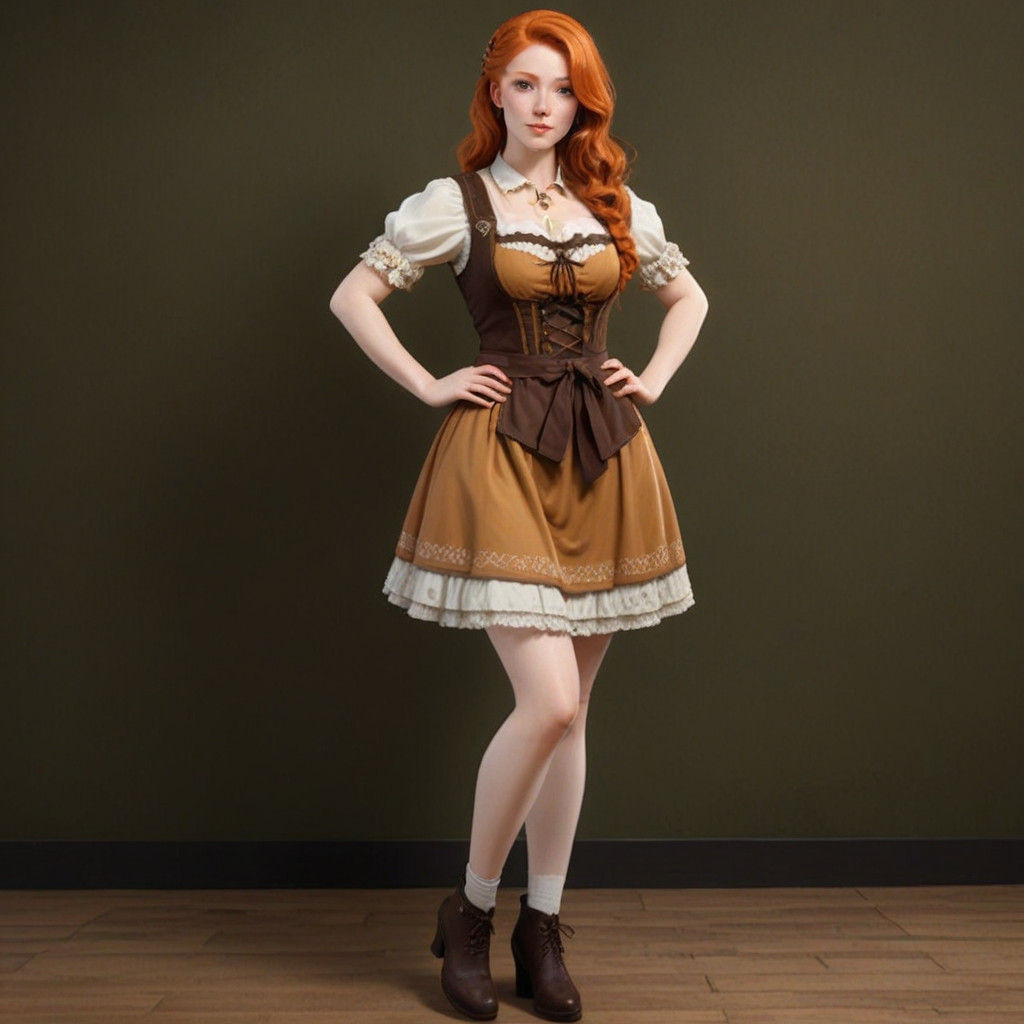 Vivid Portrait of a Ginger Girl in Elegant Brown Dirndl