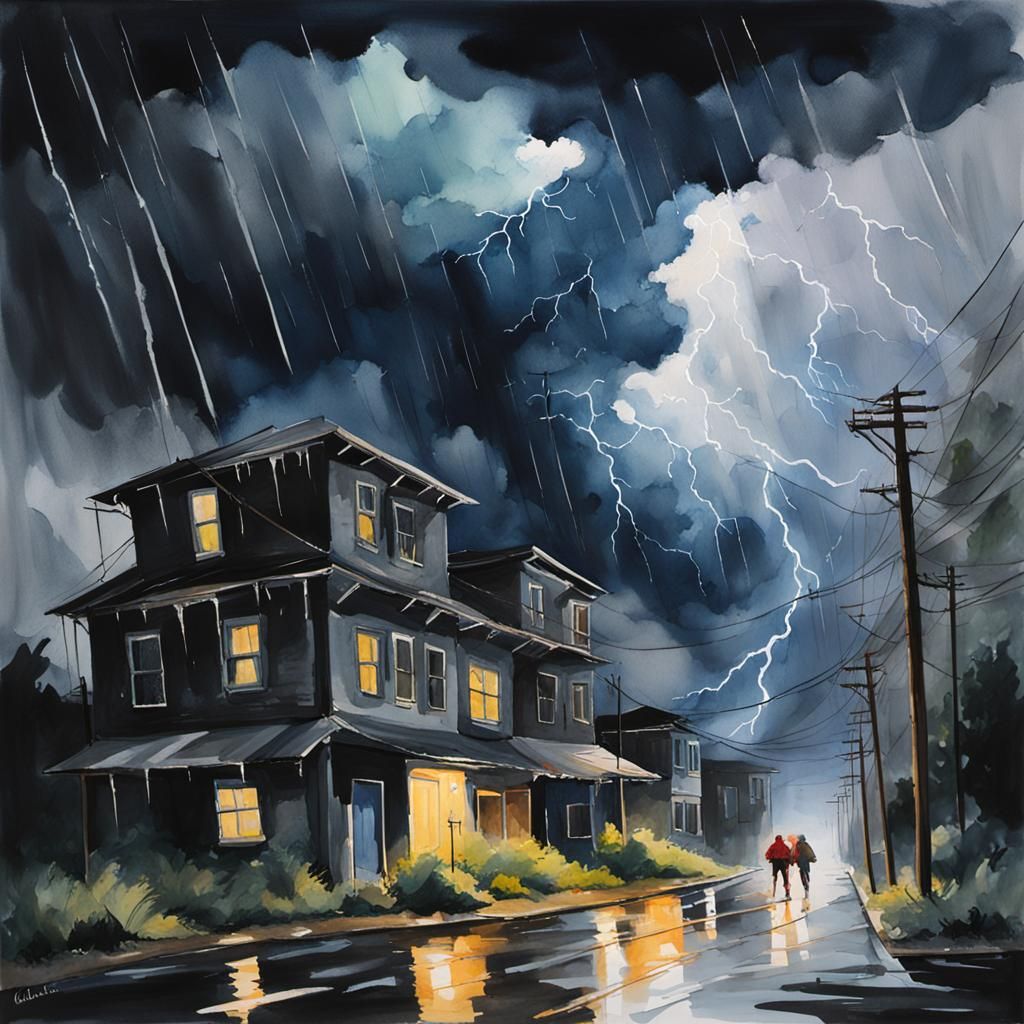 Dystopian Thunderstorm in Gouache Watercolor