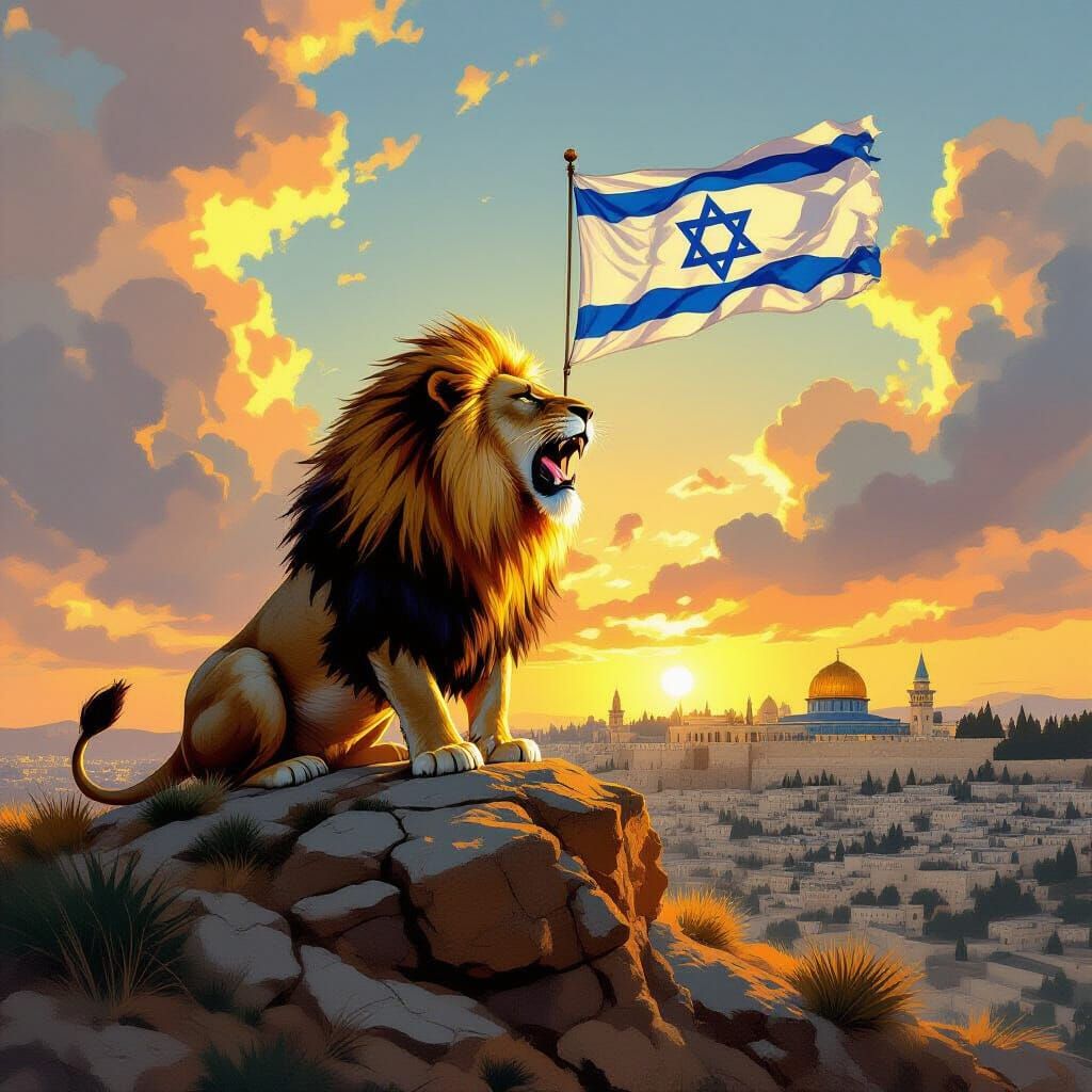 Lion Roaring Over Jerusalem with Israeli Flag