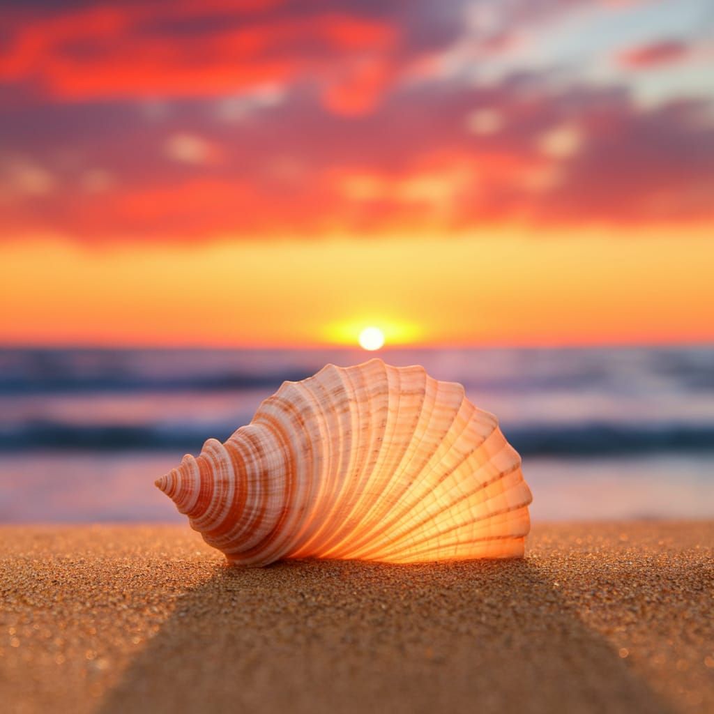 Warm Sunset on Serene Beach with Delicate Seashell