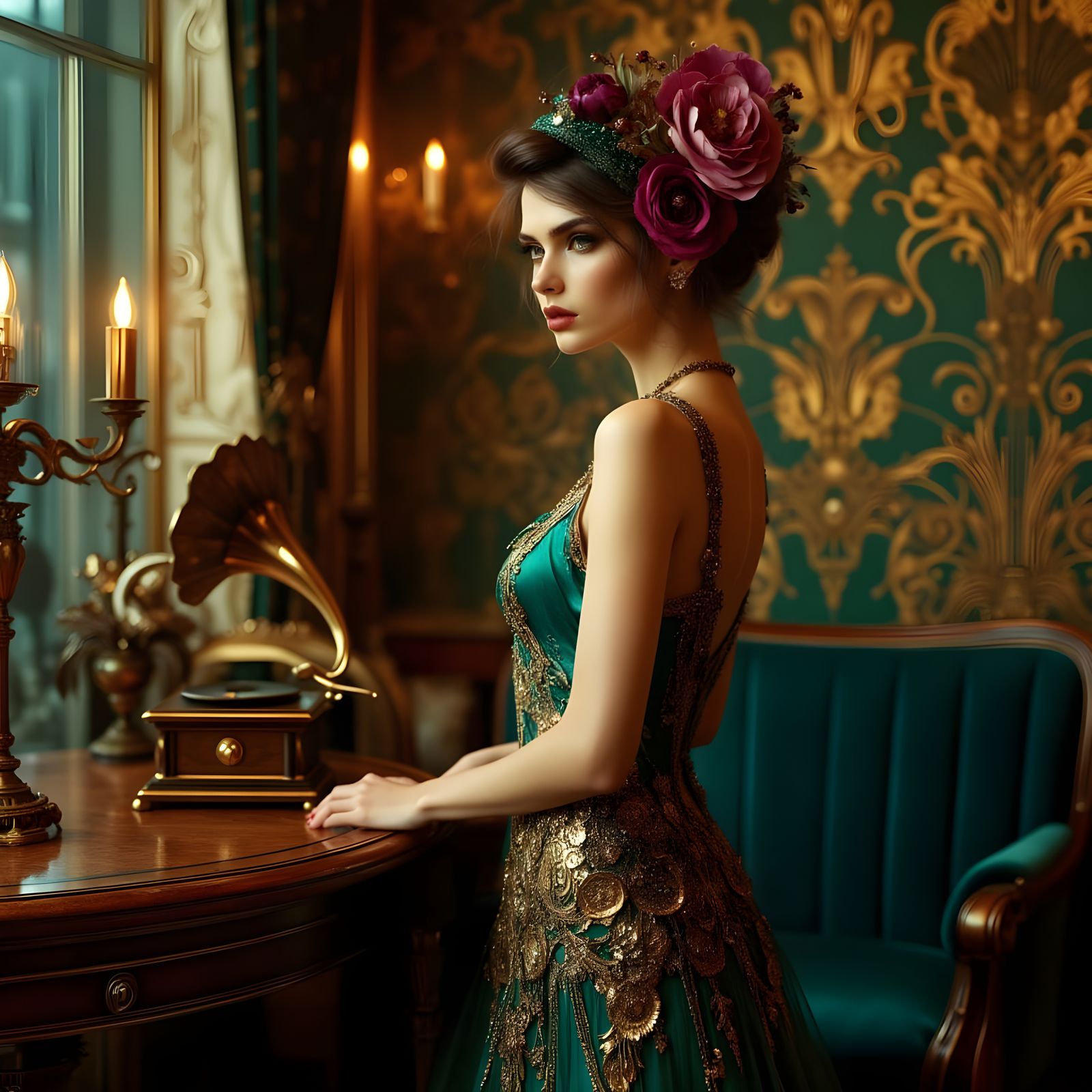 Elegant 1920s Woman in Teal and Gold Flapper Dress