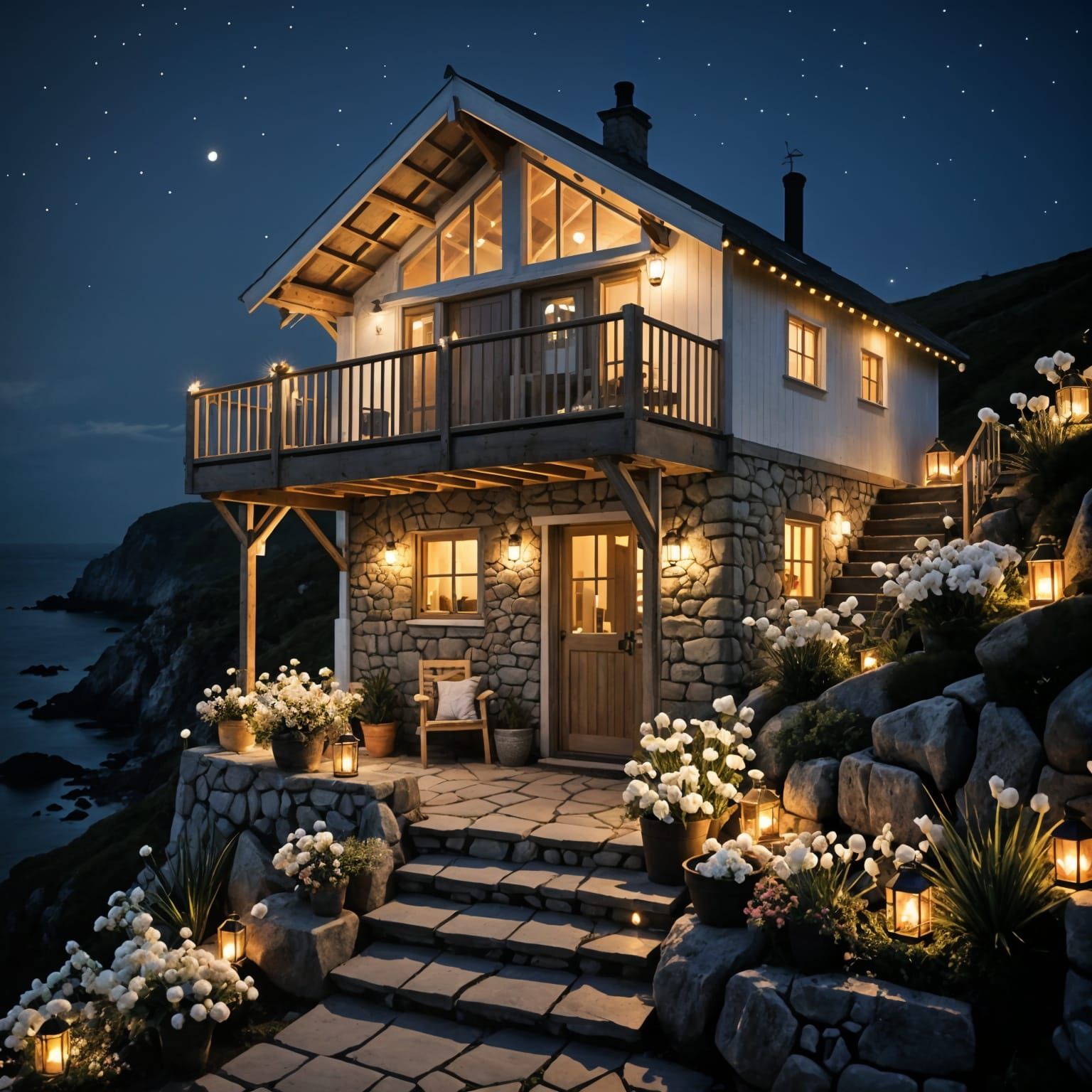 Stunning Coastal Cabin Illuminated at Night