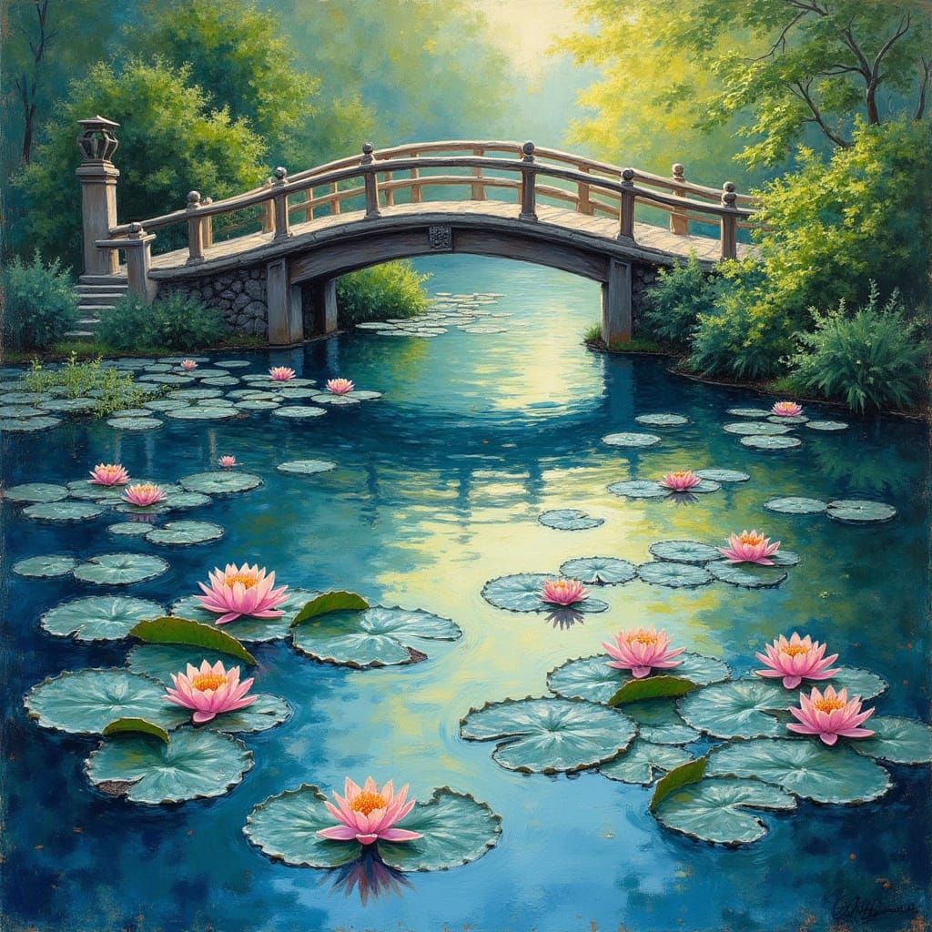 Serene Water Lily Pond in Impressionist Style with Visible B...