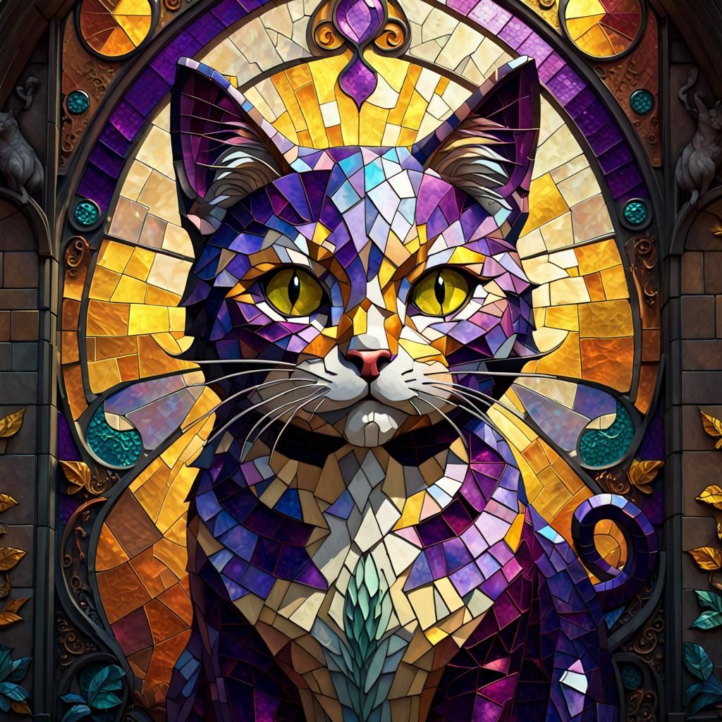 Stained Glass Mosaic Cat in Dark Fantasy Style
